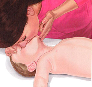 A mother performing CPR on her infant