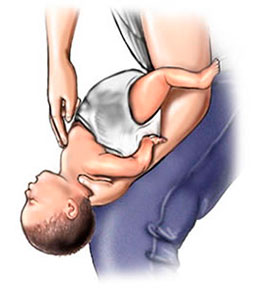 A mother performing a specific CPR technique